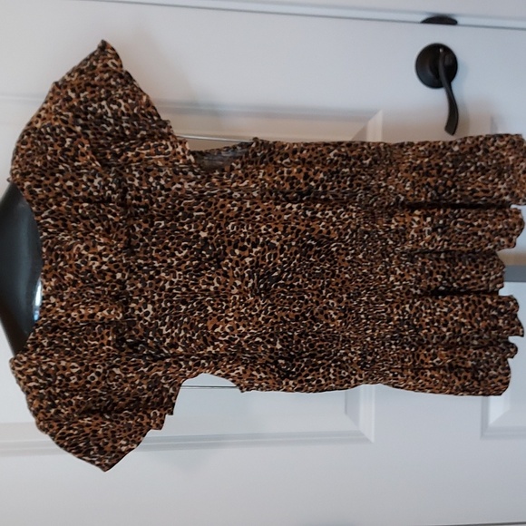 Peplum Blouse w/ Black/Brown Leopard Print -Plunge Front w/ Ruffle Accent S L - Picture 6 of 11